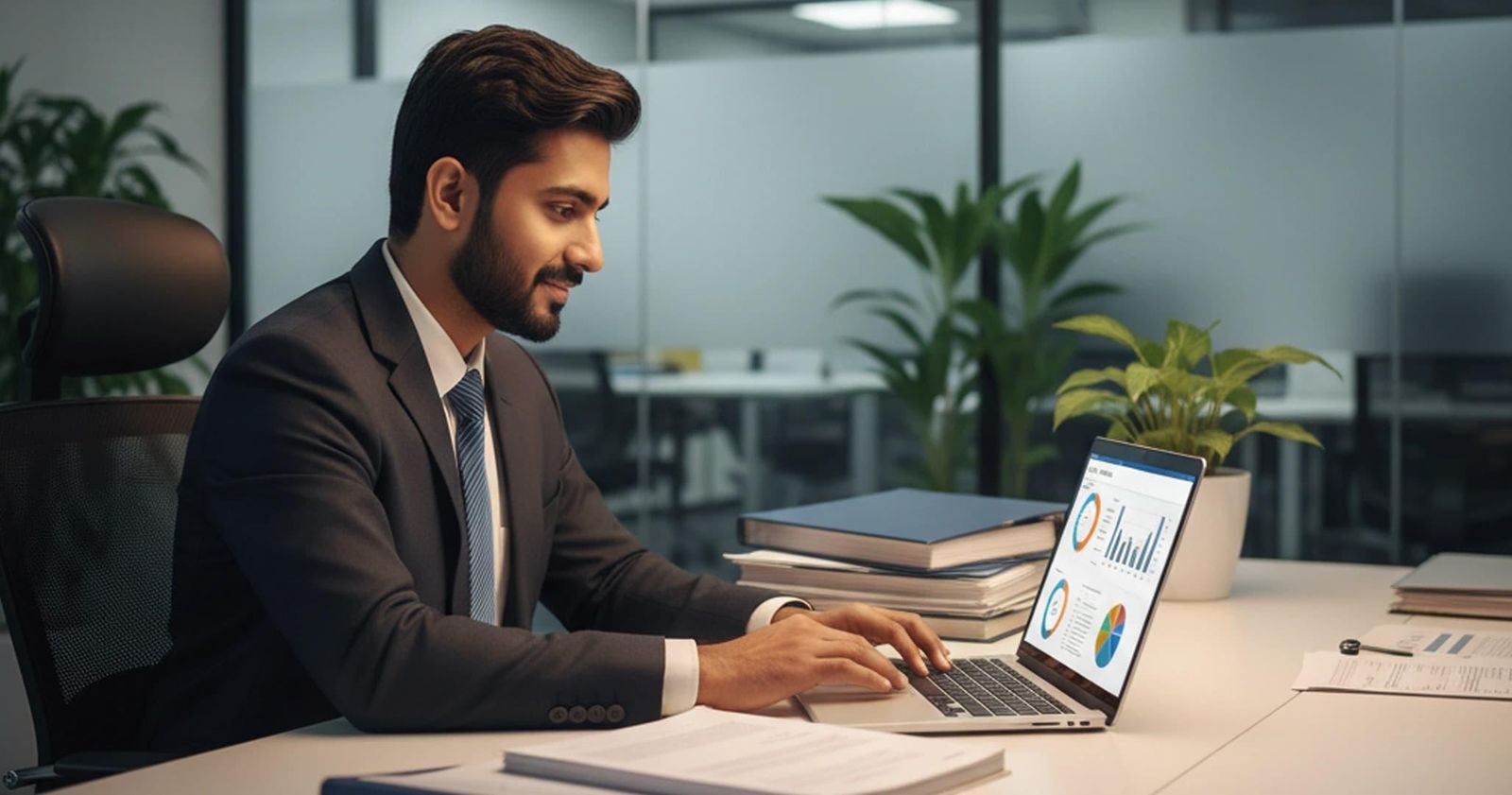 Professional reviewing financial charts on a laptop at an office desk