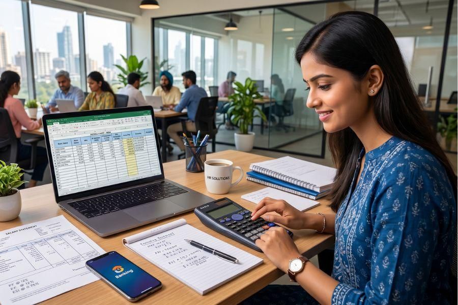 Payroll specialist calculating salaries with a spreadsheet and calculator
