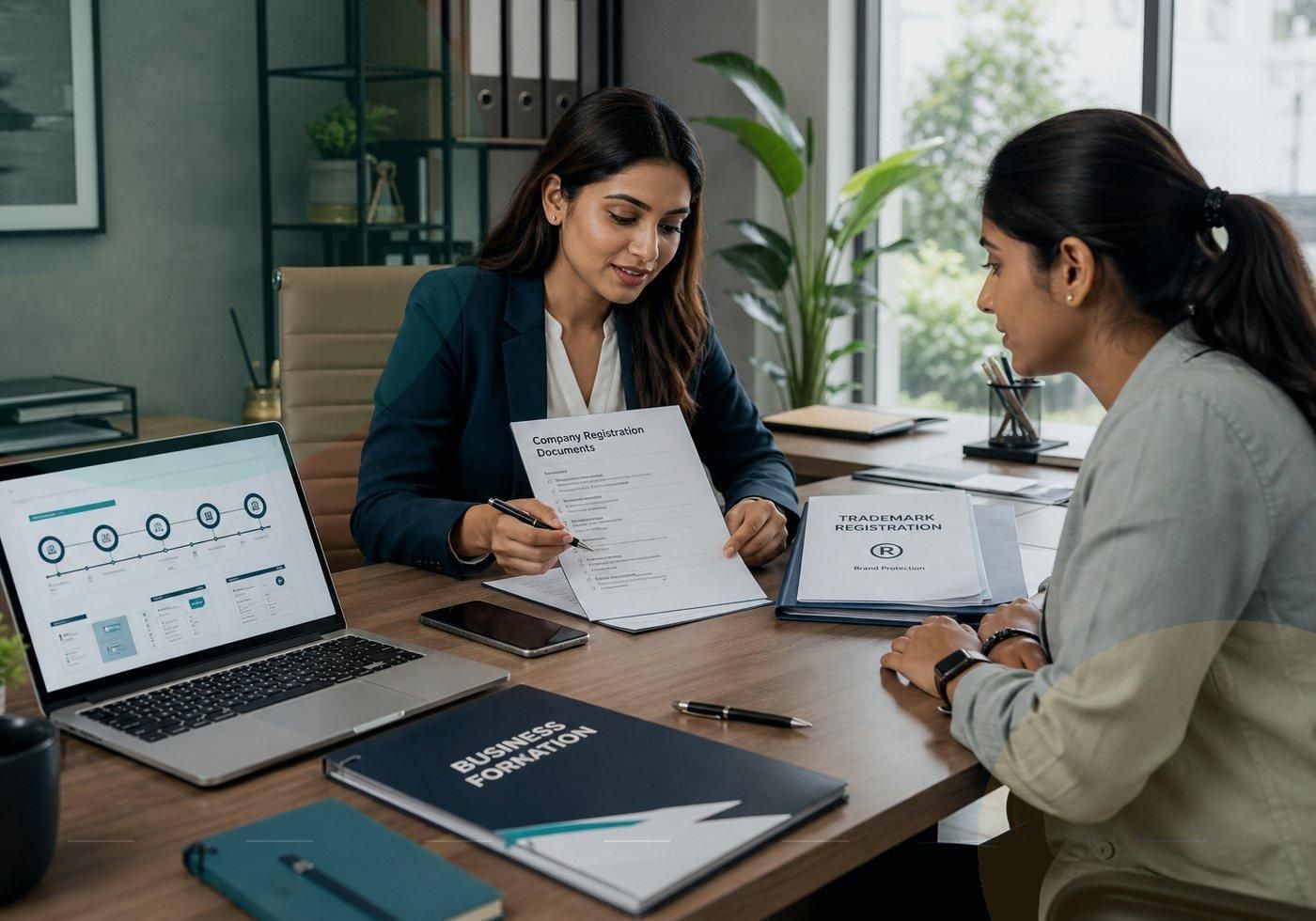 Consultant walking a client through company registration documents