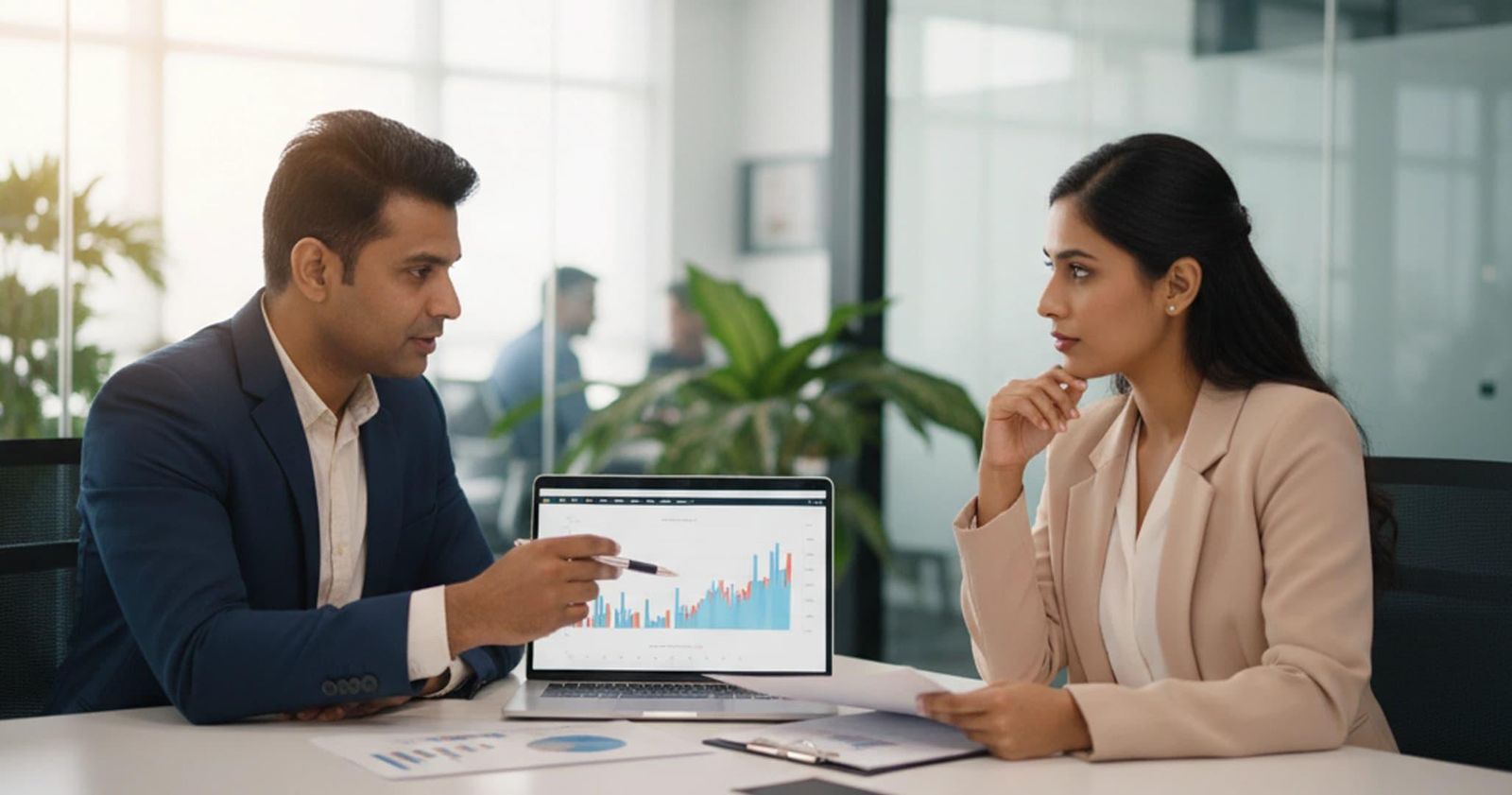 Tax advisor explaining a growth chart to a client